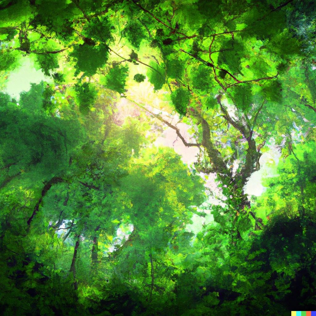 Prompt: The forest canopy bathed by life giving sunlight. Digital art. 