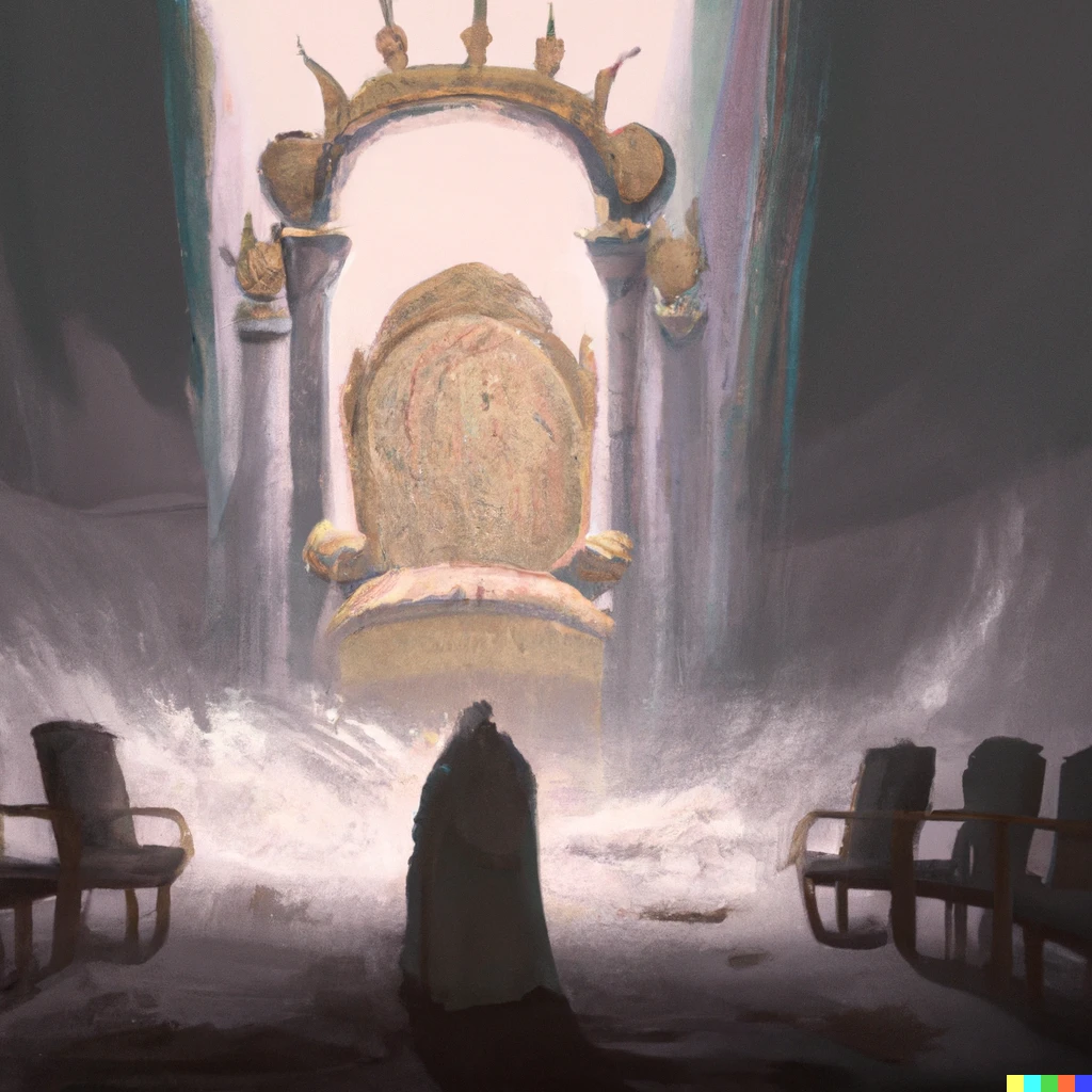 Prompt: Humanity arrives in heaven and finds only an empty throne and barren halls. Digital art. 