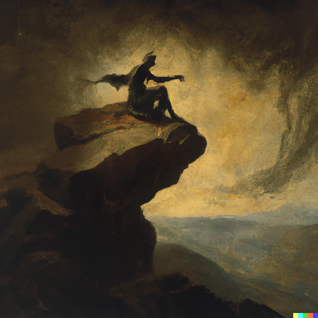 Prompt: A bronze god sits upon the edge of the world, throwing mountains into the void beyond. Oil on canvas, 1903. 