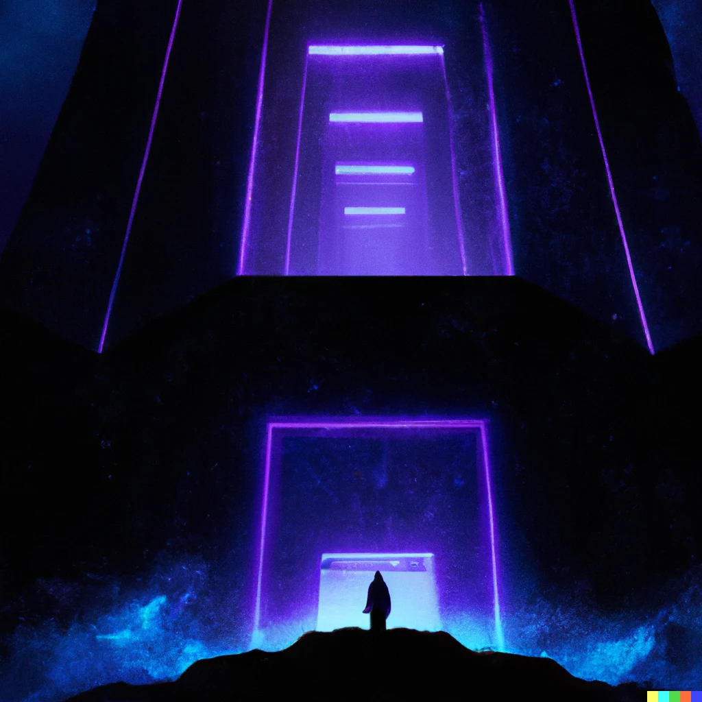 Prompt: Humanity arrives in heaven and finds only an empty throne and barren halls. Synthwave. 