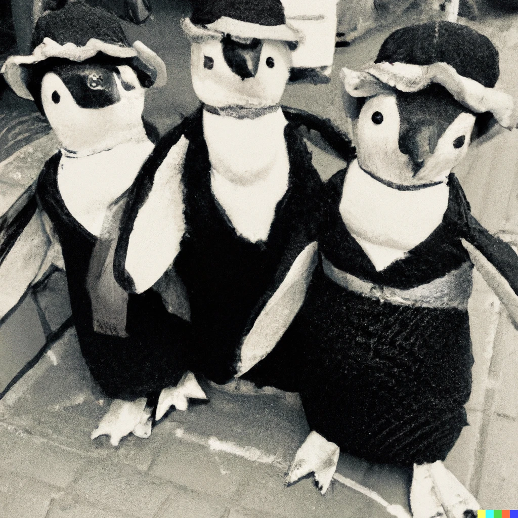 Prompt: Penguins dressed as 1920’s flappers