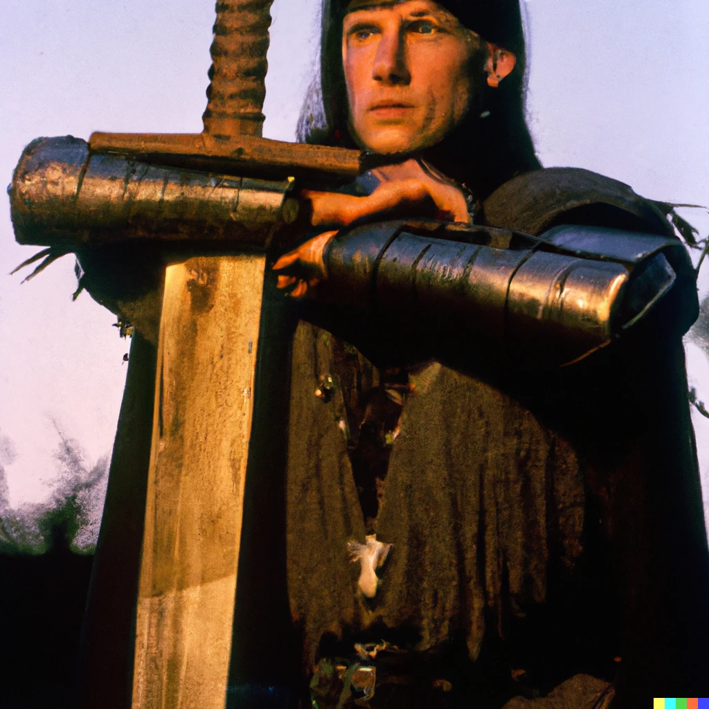 Prompt: Medieval warrior with a ebony blade, film still, 1987