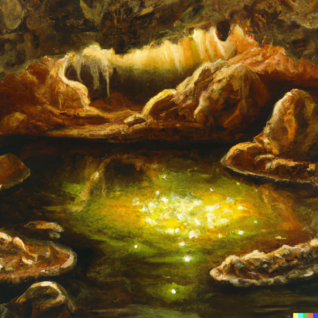 Prompt: An oil painting of the inside of a vast karst cave with delicate features and pooling water illuminated by a warm glow
