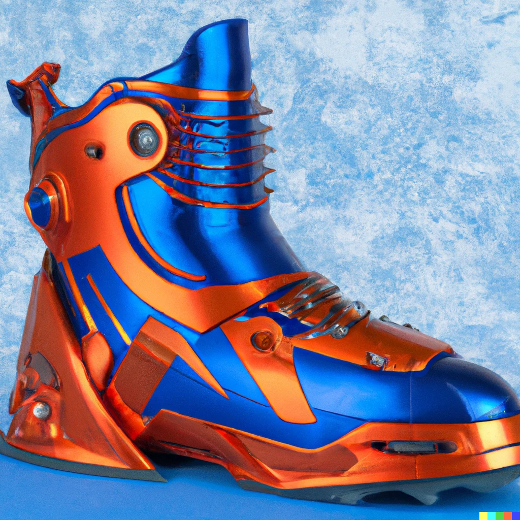 Prompt: realistic detailed award winning Product Photo of  a futuristic shiny orange and blue leather Plateau Boot reimagined as Optimus Prime, long shot, 50mm lens, studio shot, white soft light from front, sharp, full shot, reflective floor, background is blue and copper digital circuits wallpaper