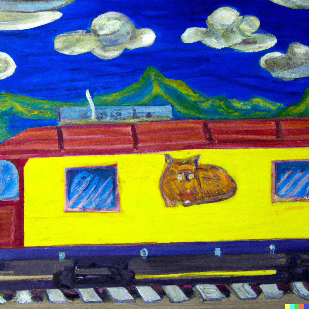 Prompt: an sbb train in the style of van gogh, a cat on top of it