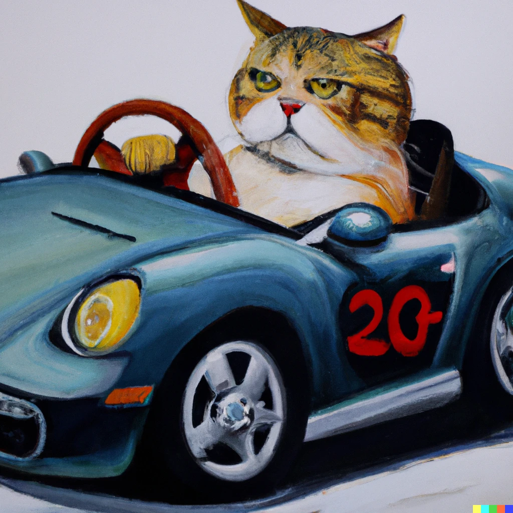 Prompt: Oil paint drawing of an annoyed cute cat driving a Porsche 911