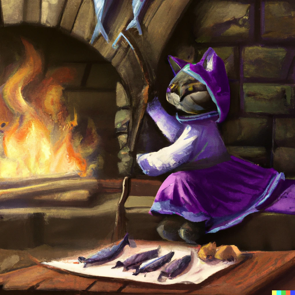 Prompt: little black cat with a purple mage uniform, wooden staff on his paw, resting near a fireplace with fish grilling, digital art