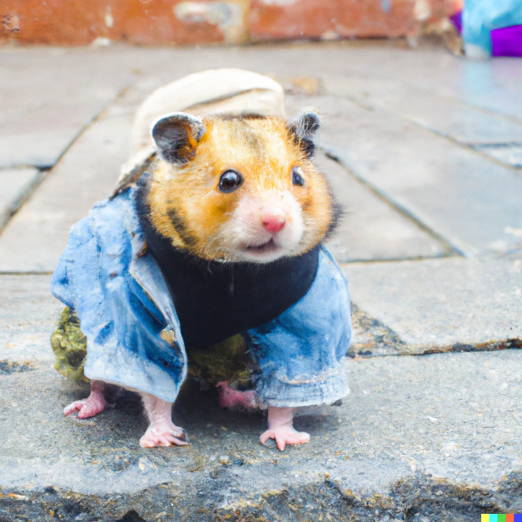 Prompt: photo of a hamster that is dressed like a homeless person, sitting on a street