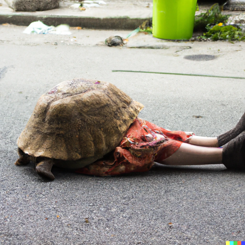 Prompt: photo of a land tortoise that is dressed like a homeless person, sitting on a street