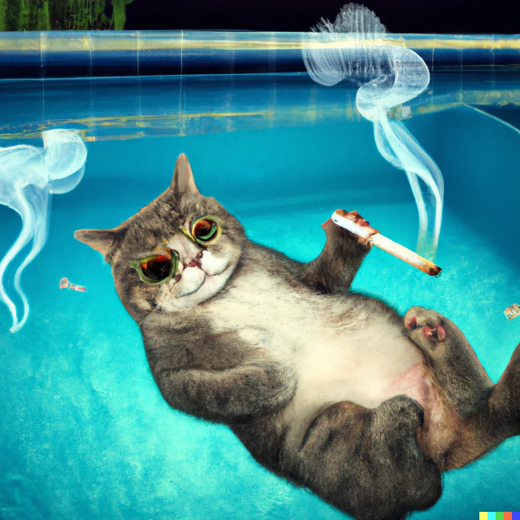Prompt: A cat floating in a pool smoking a joint.