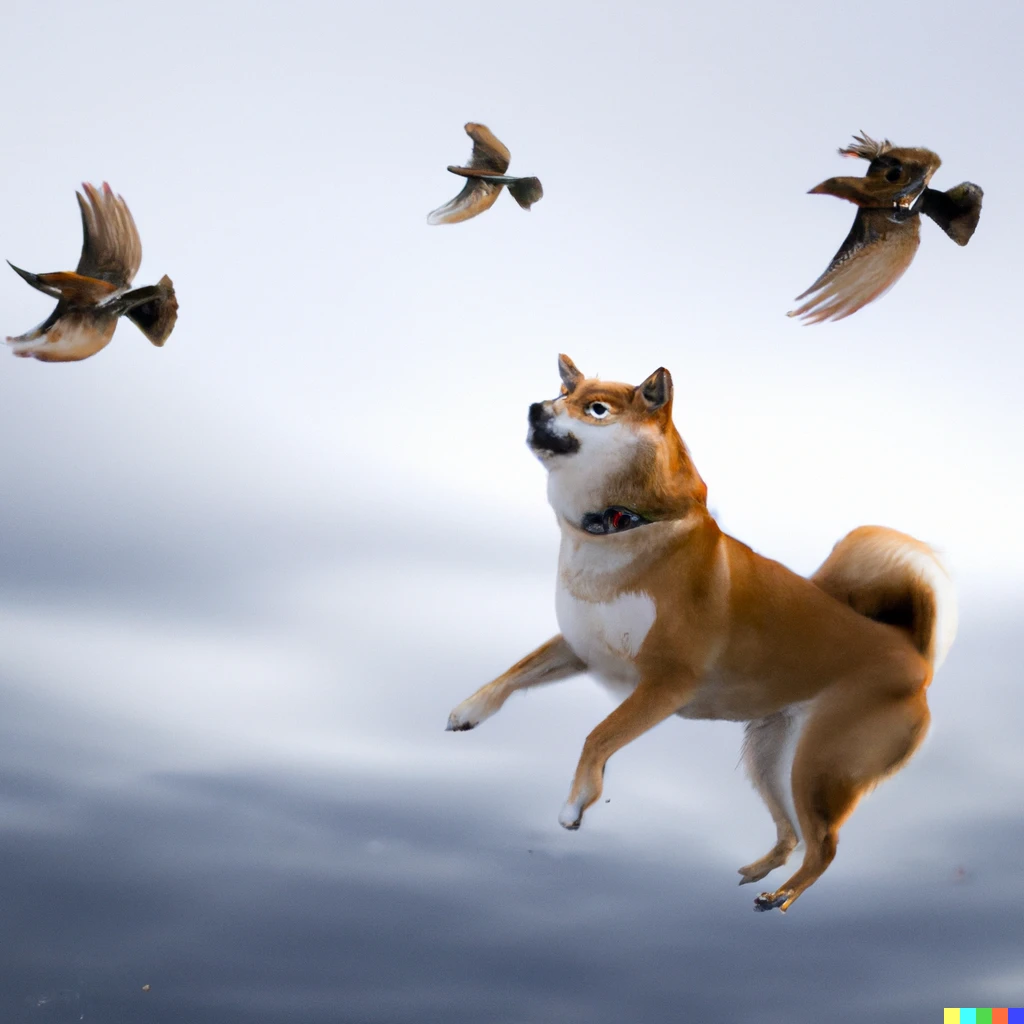 Prompt: The shiba inu is flying with some birds