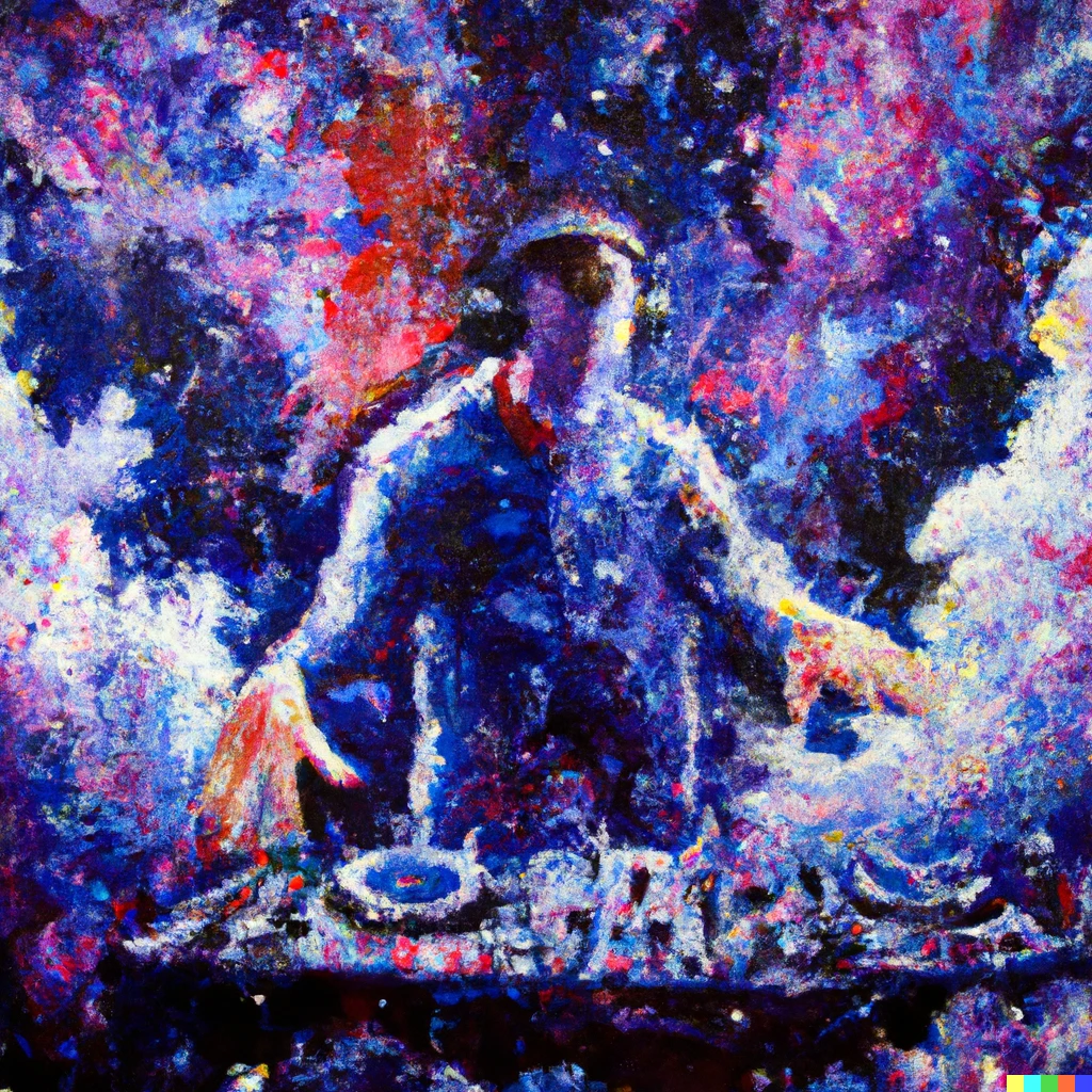 Prompt: An expressive oil painting of a dj playing live performance, depicted as an explosion of a nebula