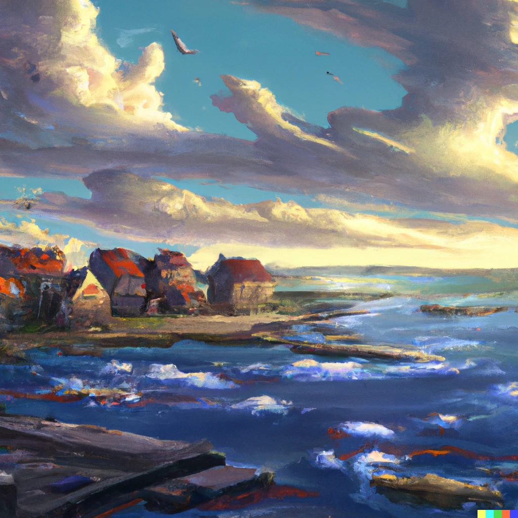 Prompt: A river running alongside the ocean, with houses in-between, digital art 