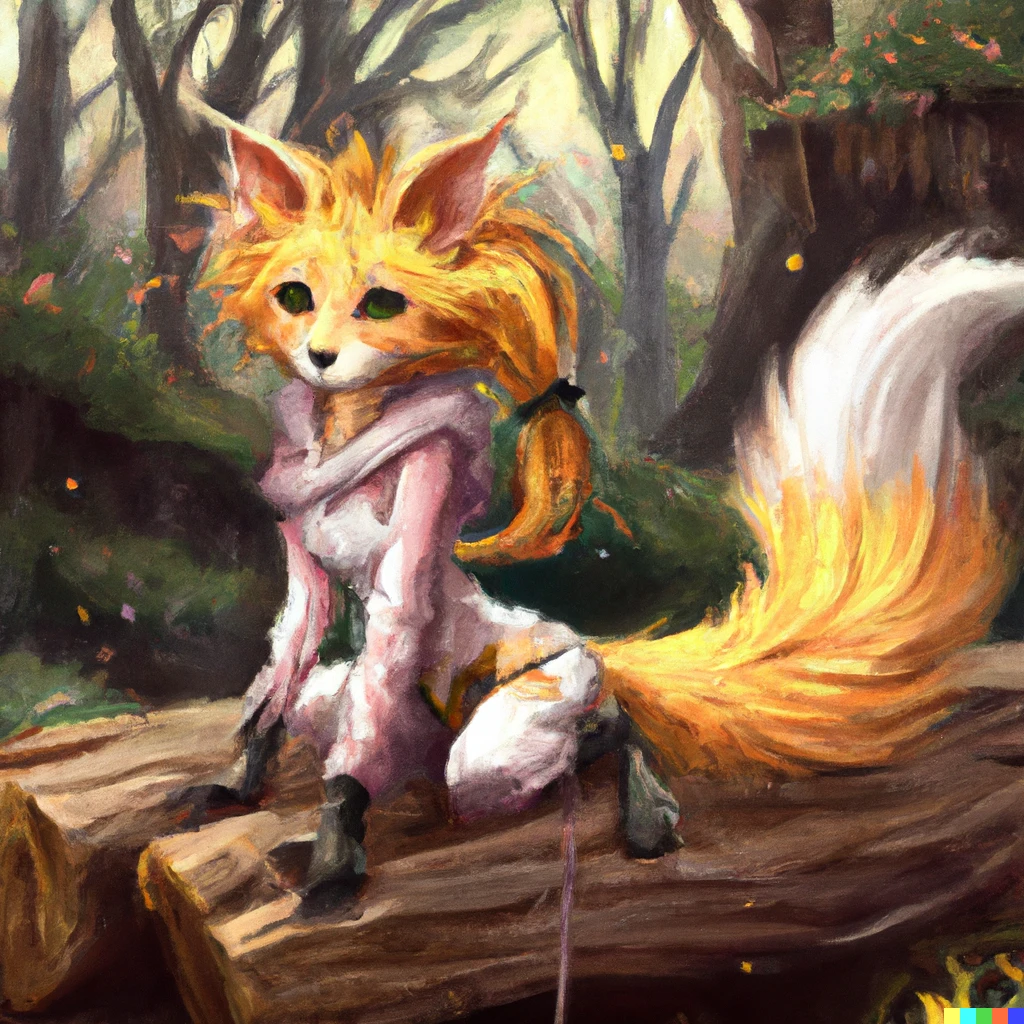 Prompt: A foxgirl with nine tails, sitting on a log in a  forest, digital art