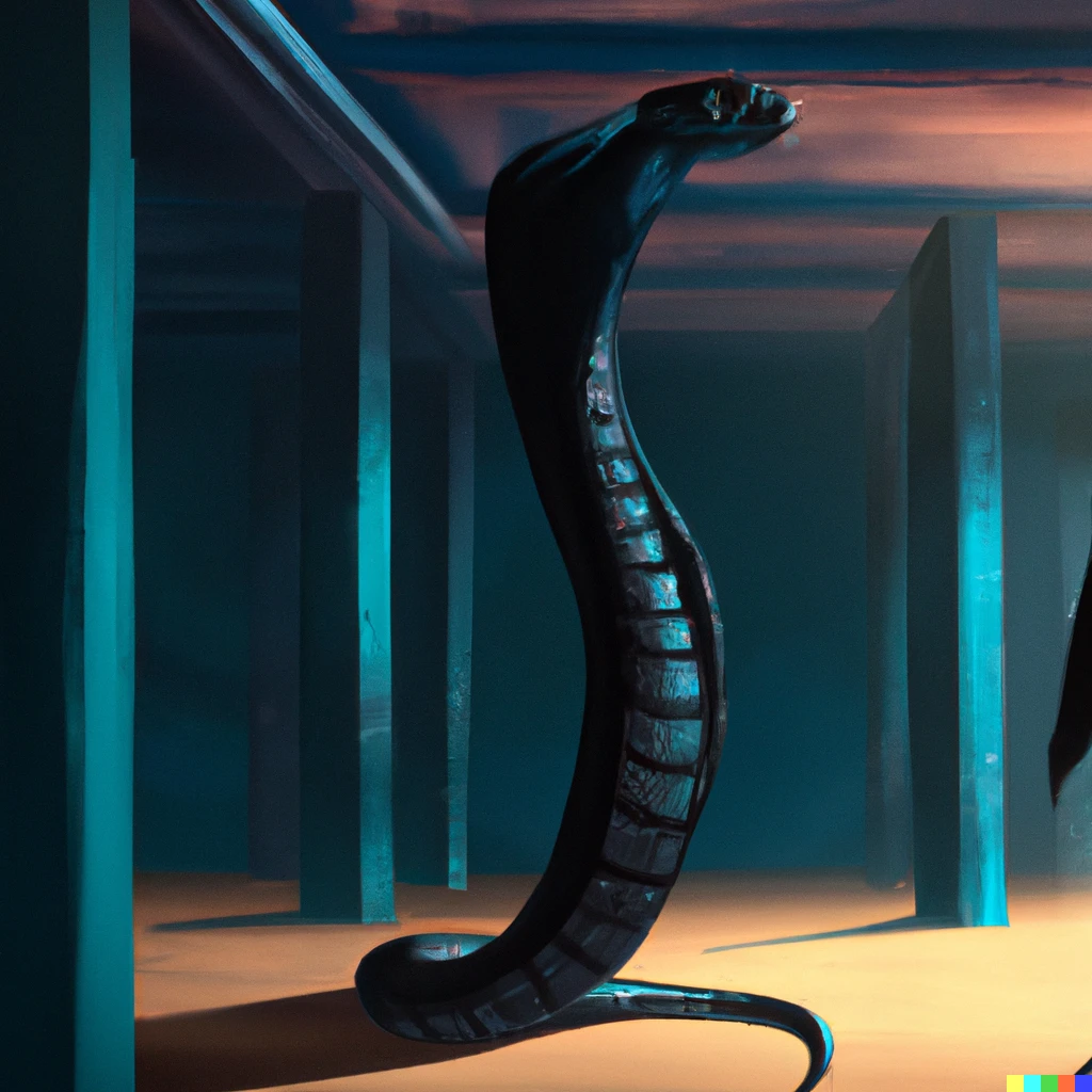 Prompt: A tall snake person in a blue room, digital art