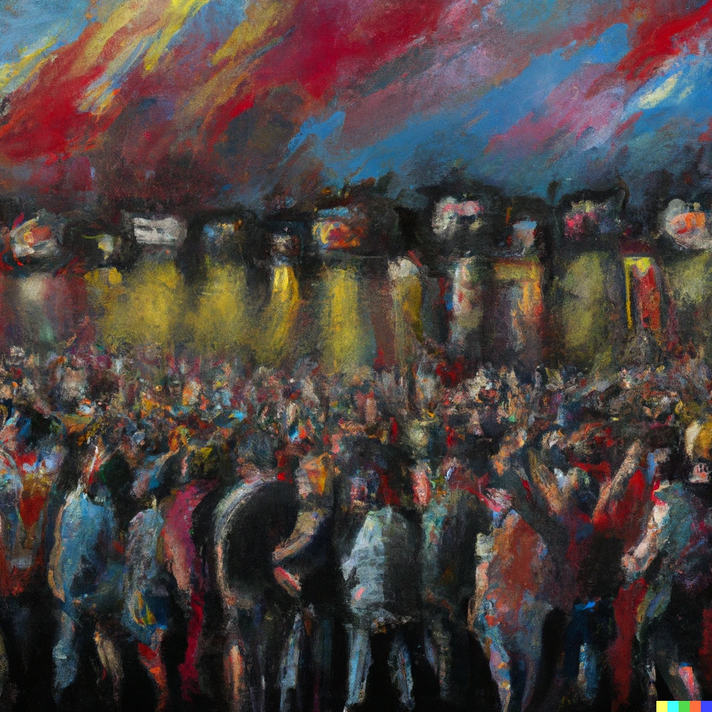 Prompt: An impressionist oil painting of a crowd in line waiting for a Rolling Stone gig