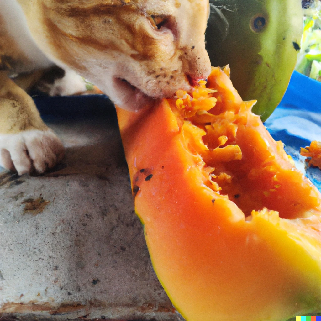 Prompt: Photo of cat eating papaya