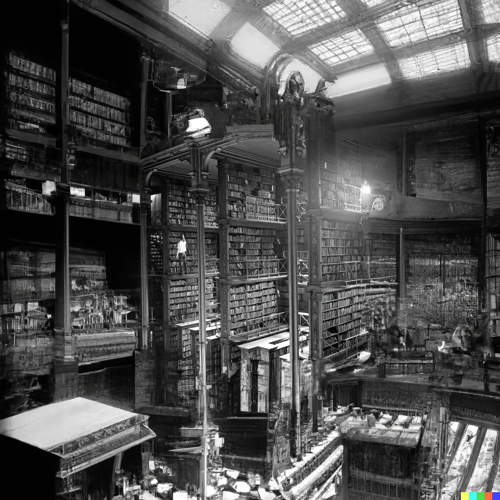 Prompt: Vast, expansive library, black and white photo, large cast iron shelving, filled with books, checker board marble floors, a foyer, and an atrium lit by a skylight ceiling, 1874