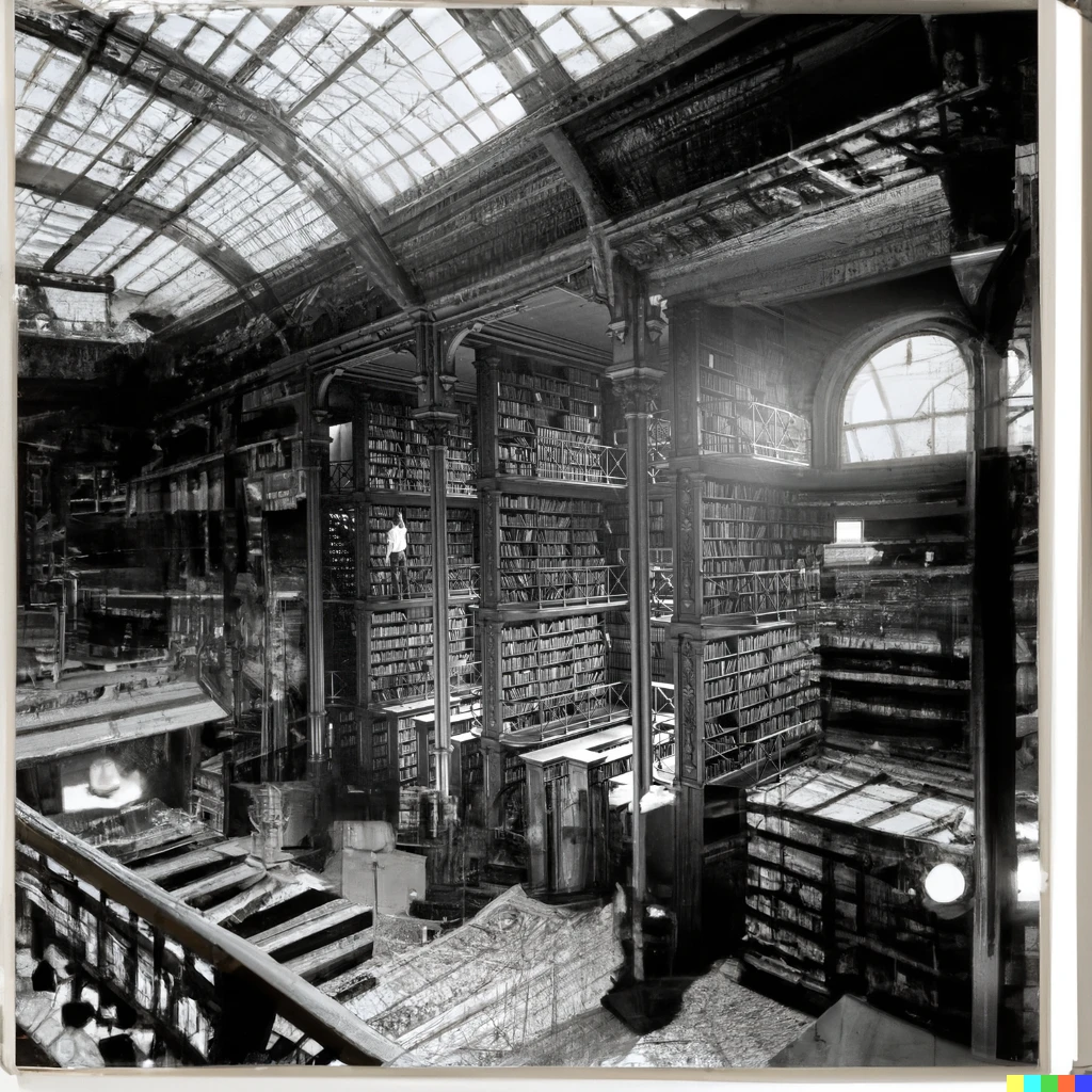Prompt: Vast, expansive library, black and white photo, large cast iron shelving, filled with books, checker board marble floors, a foyer, and an atrium lit by a skylight ceiling, 1874