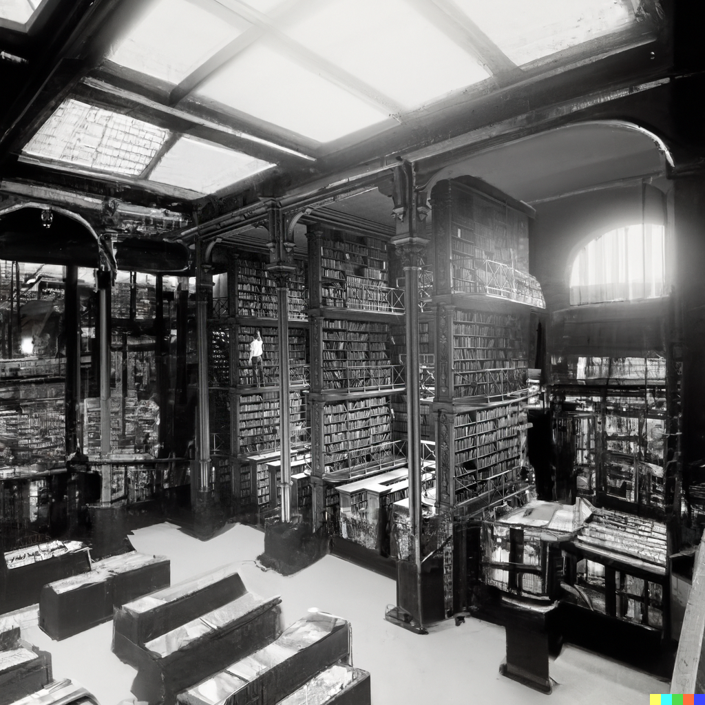 Matt × DALL·E | Vast, Expansive Library, Black And White Photo, Large ...