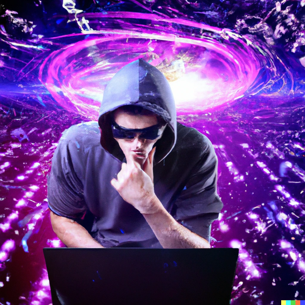 Prompt: hacker trying to hack into core of the galaxy