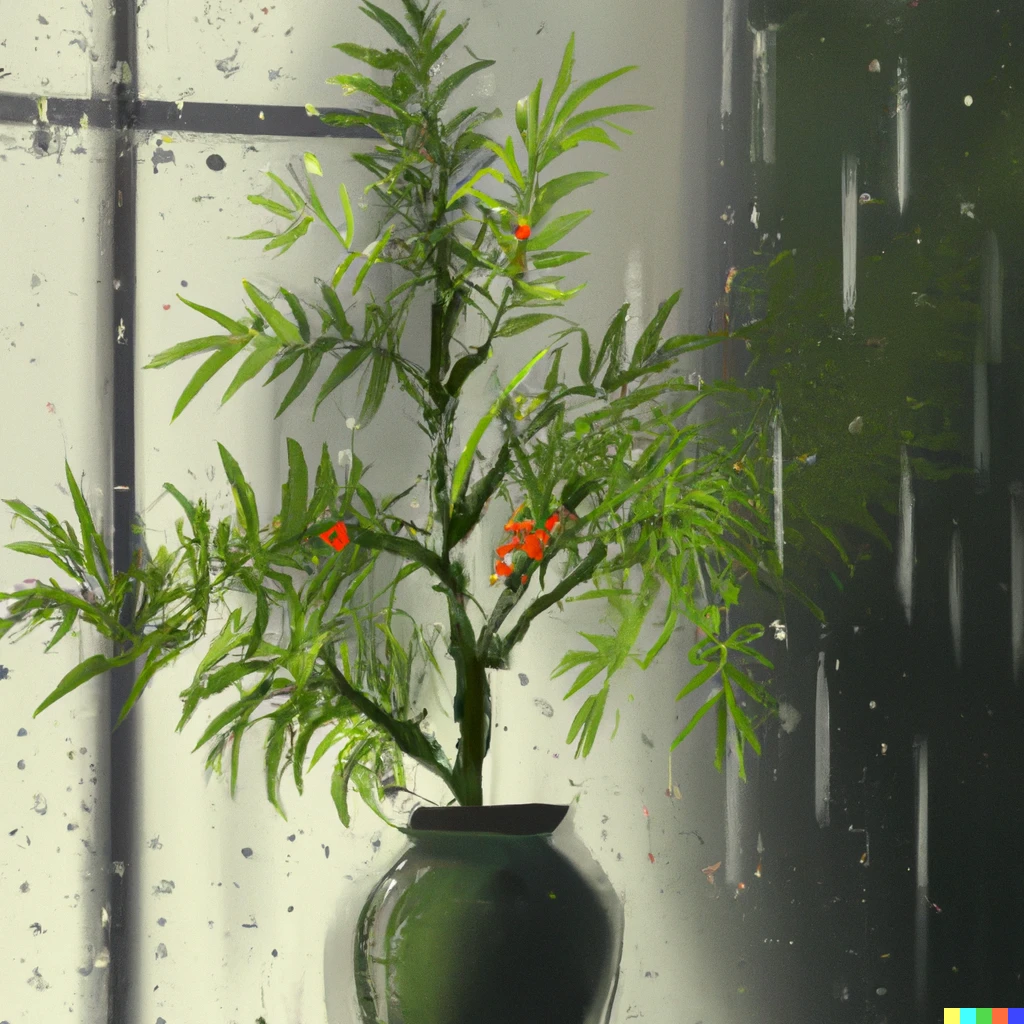 Prompt: plant in a Chinese vase on a windowsill while it rains, semi-realistic digital painting