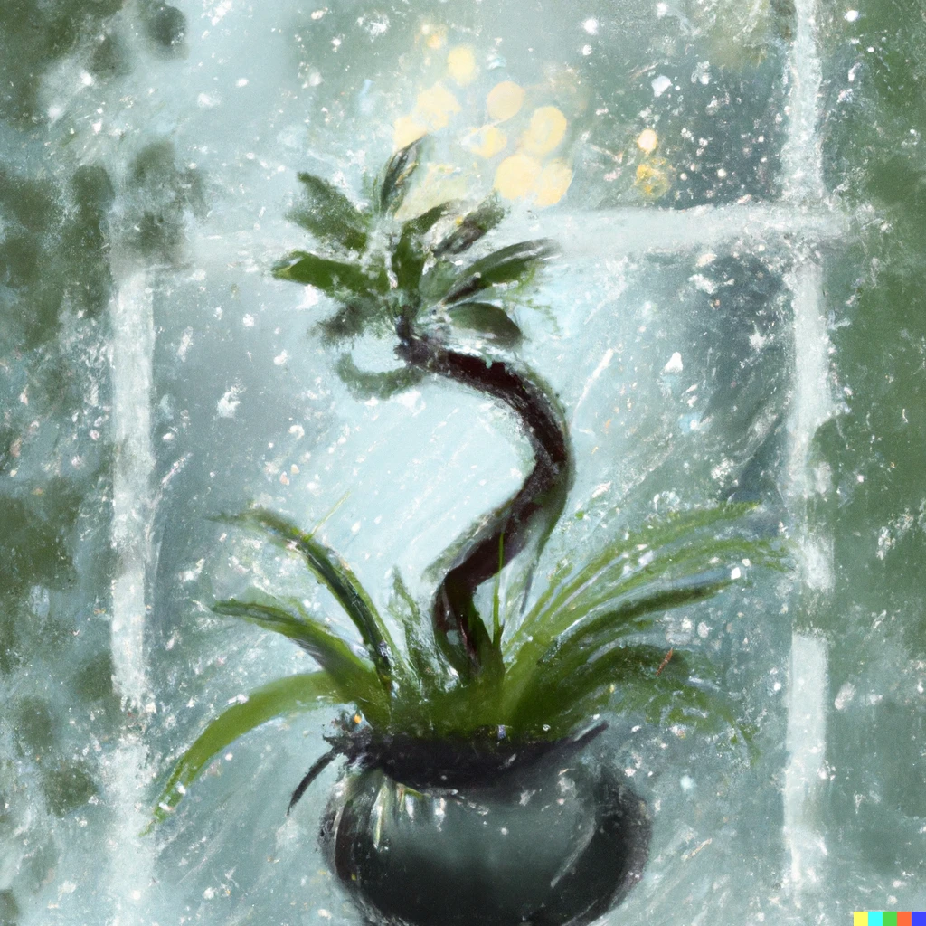 Prompt: plant in a Chinese vase on a windowsill while it rains, semi-realistic digital painting