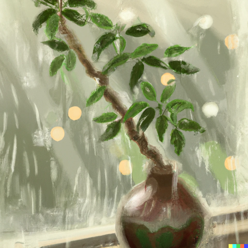 Prompt: plant in a Chinese vase on a windowsill while it rains, semi-realistic digital painting