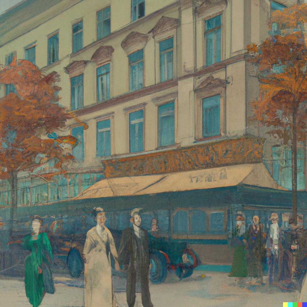 Prompt: 1920s streets of Berlin, cars, busses, tram, stylish men and women sitting in cafes an walking on sidewalks,  Gustav Klimt style  | 100