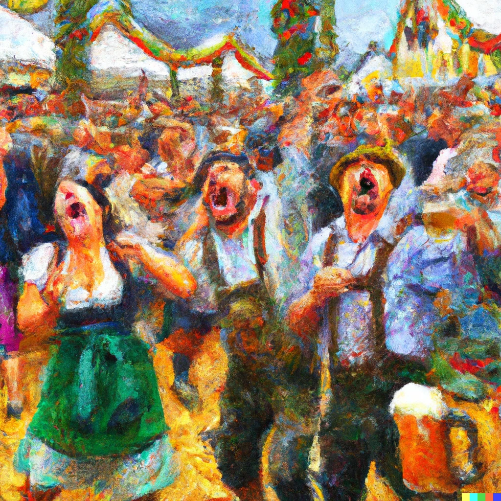 Prompt: realistic oil painting of zombies at the octoberfest in Munich, drinking beer, vomiting, dancing, yelling, 