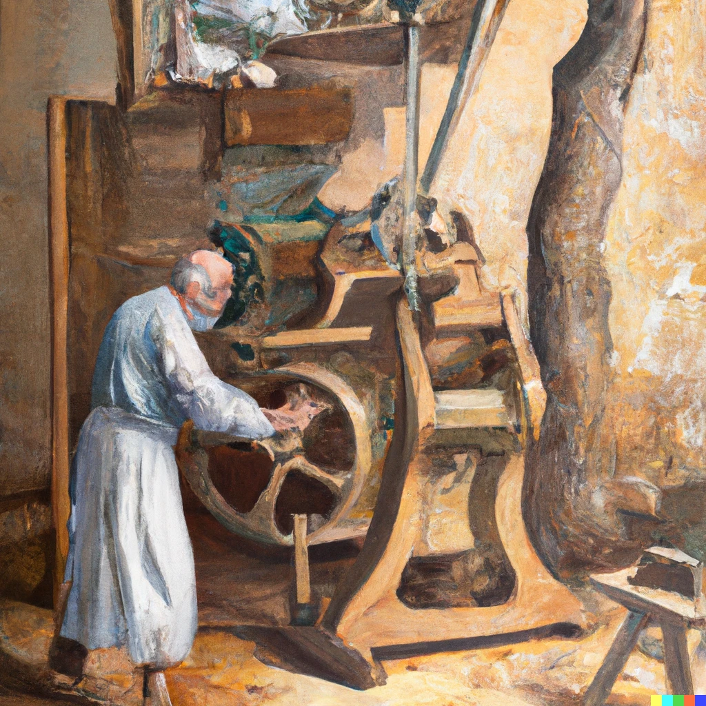 Prompt: carpenter at work using very old machinery oil painting Dali