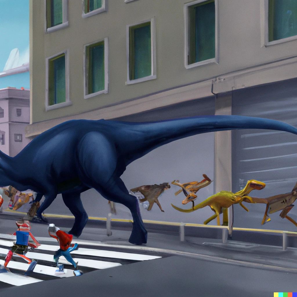 Prompt: dinos, velociraptor, in the city running on sidewalks, people in the street, fleeing, photorealistic, high resolution.