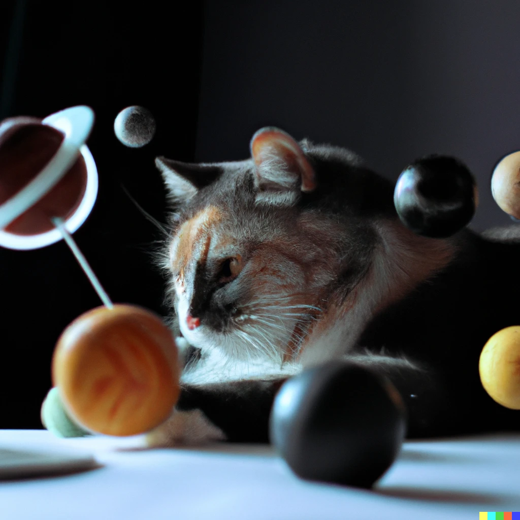 Prompt: high quality photo of a cat playing with the solar system