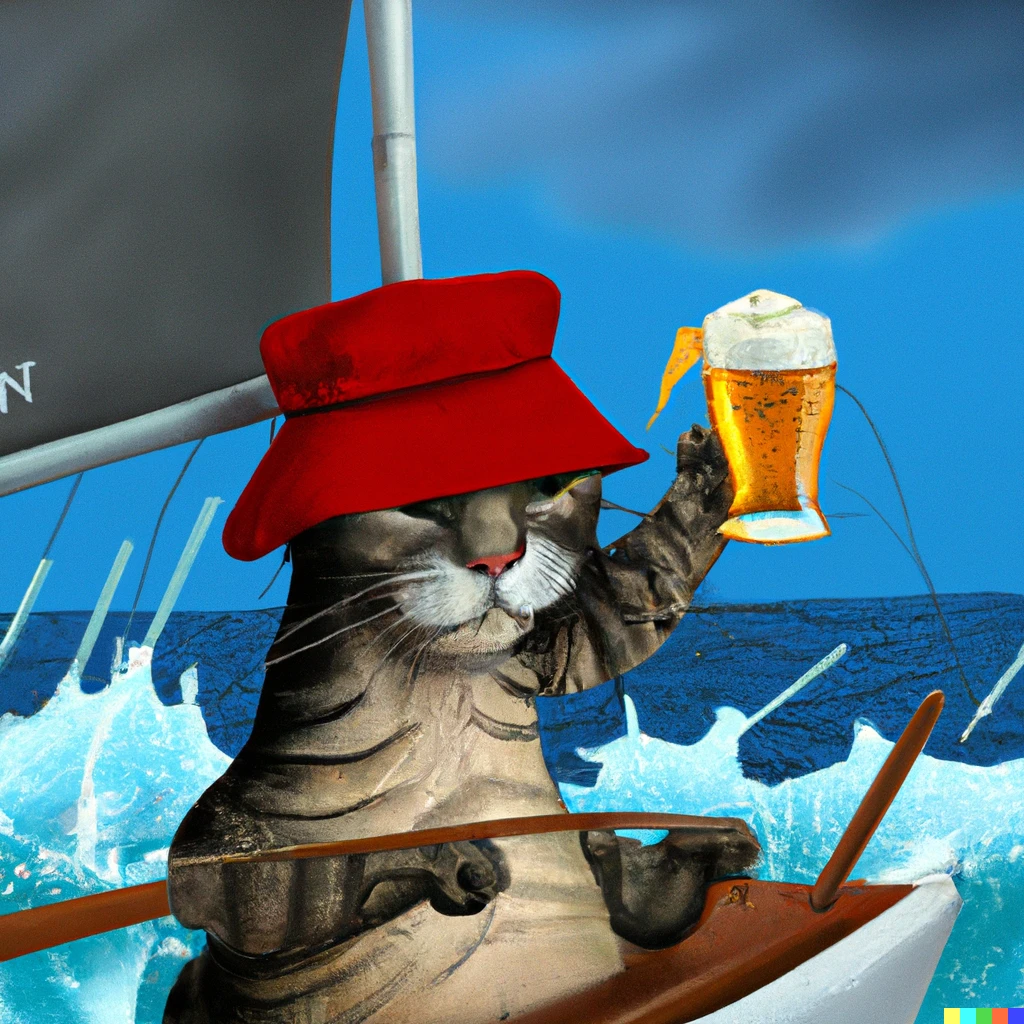 Prompt: a cat on a sailboat wearing a hat in rough seas drinking a beer.