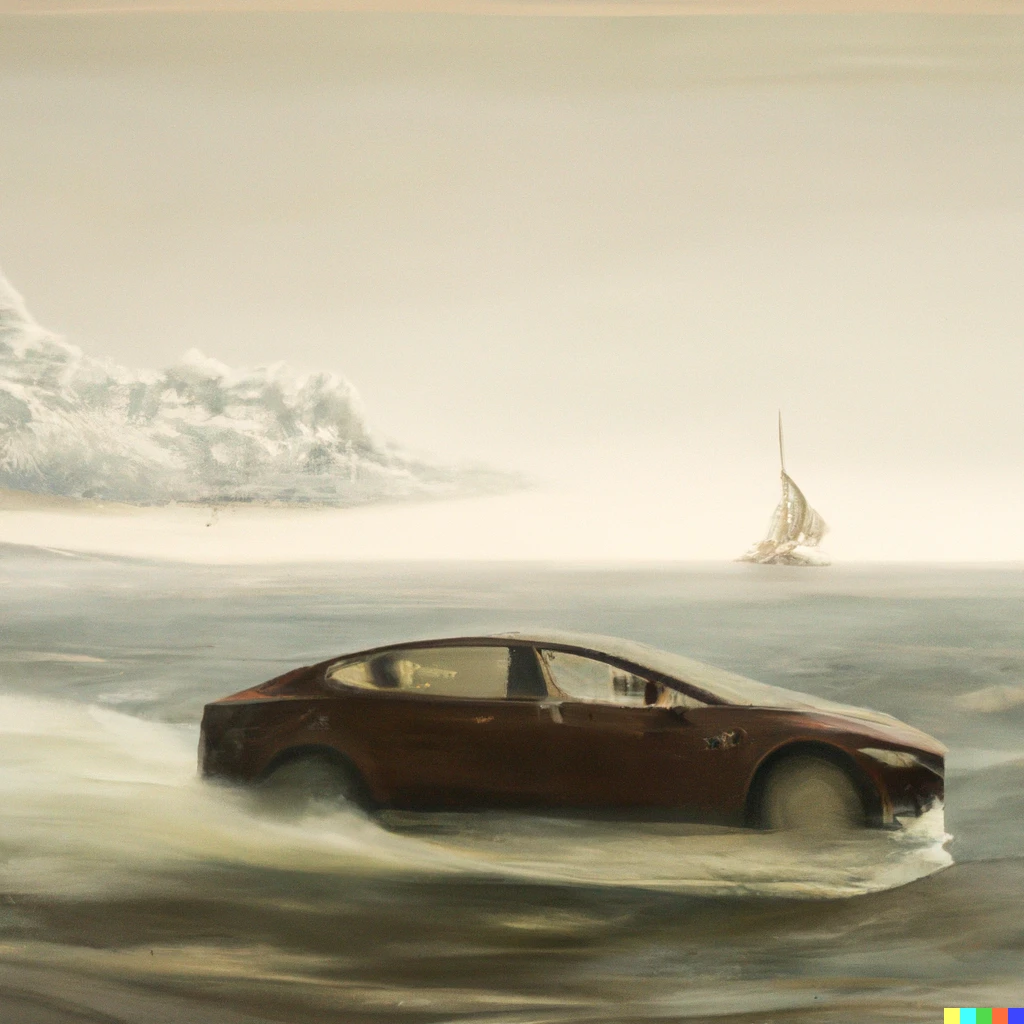 Prompt: A Tesla Model 3 crossing the English Channel, painted by J.M.W. Turner