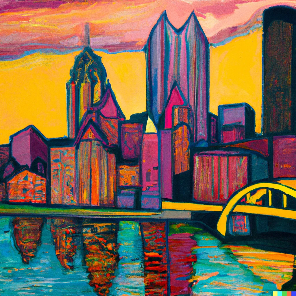 Prompt: Pittsburgh skyline painted by Gauguin