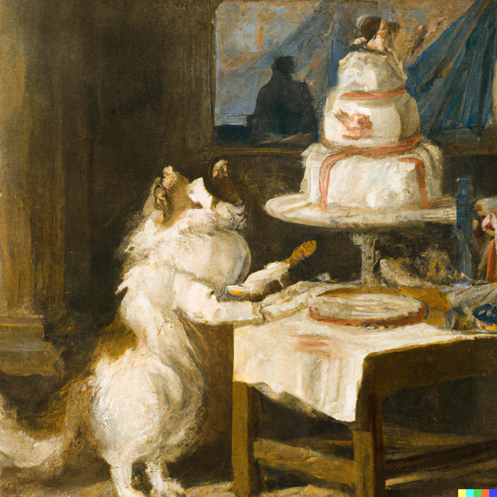 Prompt: A long-haired cat baking a wedding cake, painted by J.M.W. Turner