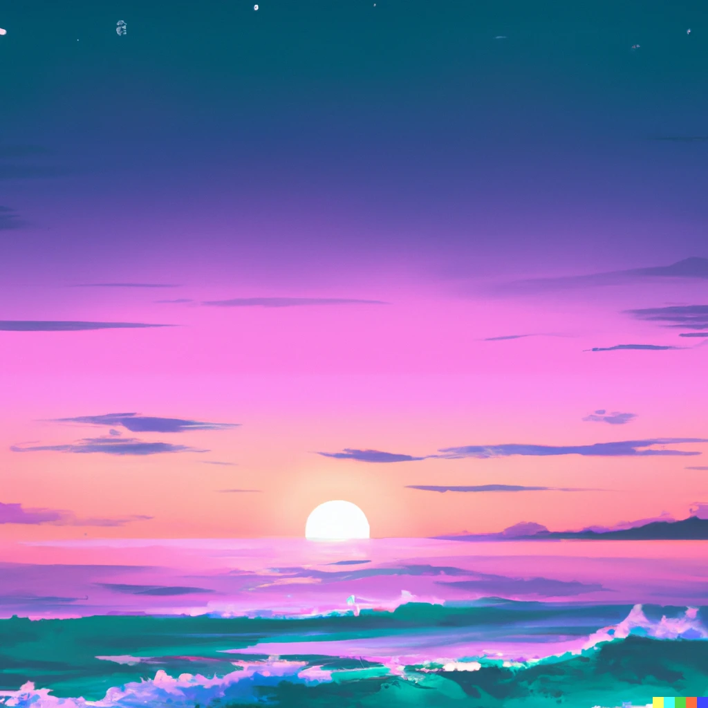 Prompt: Synthwave sunset over an ocean, Hokusai