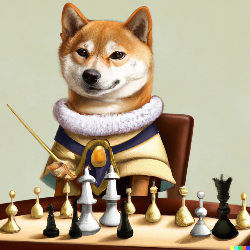 Prompt: shiba inu wearing robes and a crown, playing chess on light background, smirking, digital art