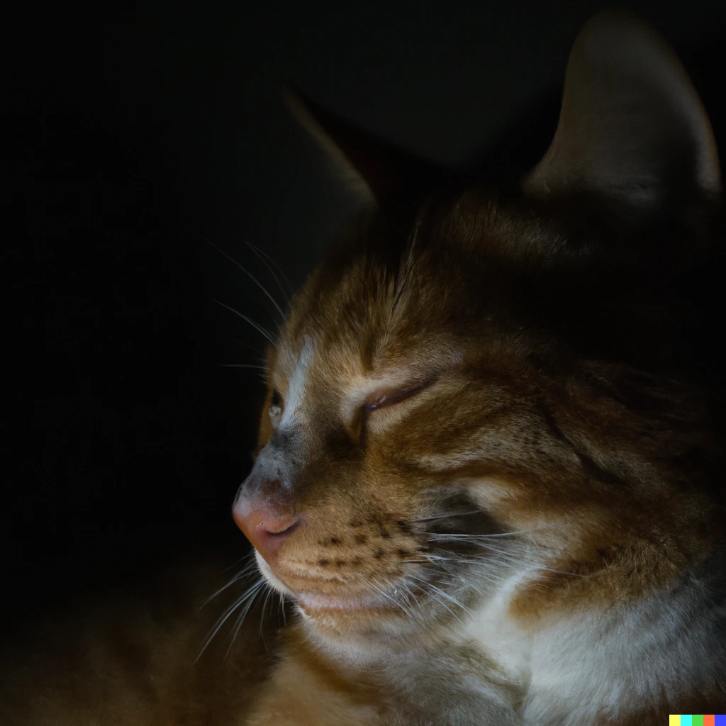 Prompt: A cat with orange fur resting in a dark room, illuminated by one spotlight