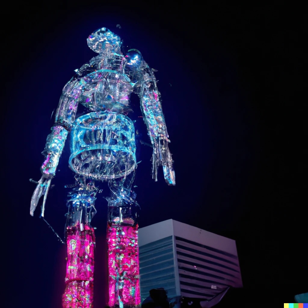 Prompt: A robot towering in Beijing with a very complicated mechanism, its whole body glowing and shining and about 30 meters high.