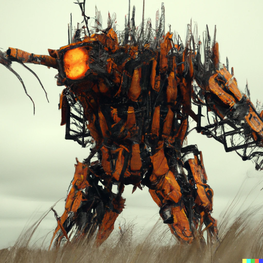 Prompt: A 30-meter tall robot like the one Cyberdyne built, towering over a burnt-out field, its entire body glowing with very complex mechanisms.