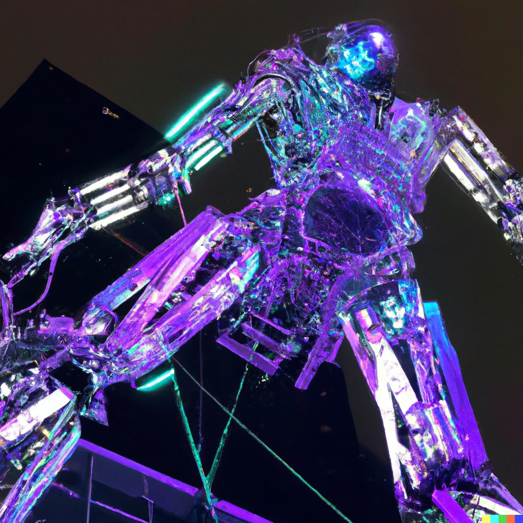 Prompt: A robot towering in New York City with a very complex mechanism, its whole body glowing and about 30 meters high.