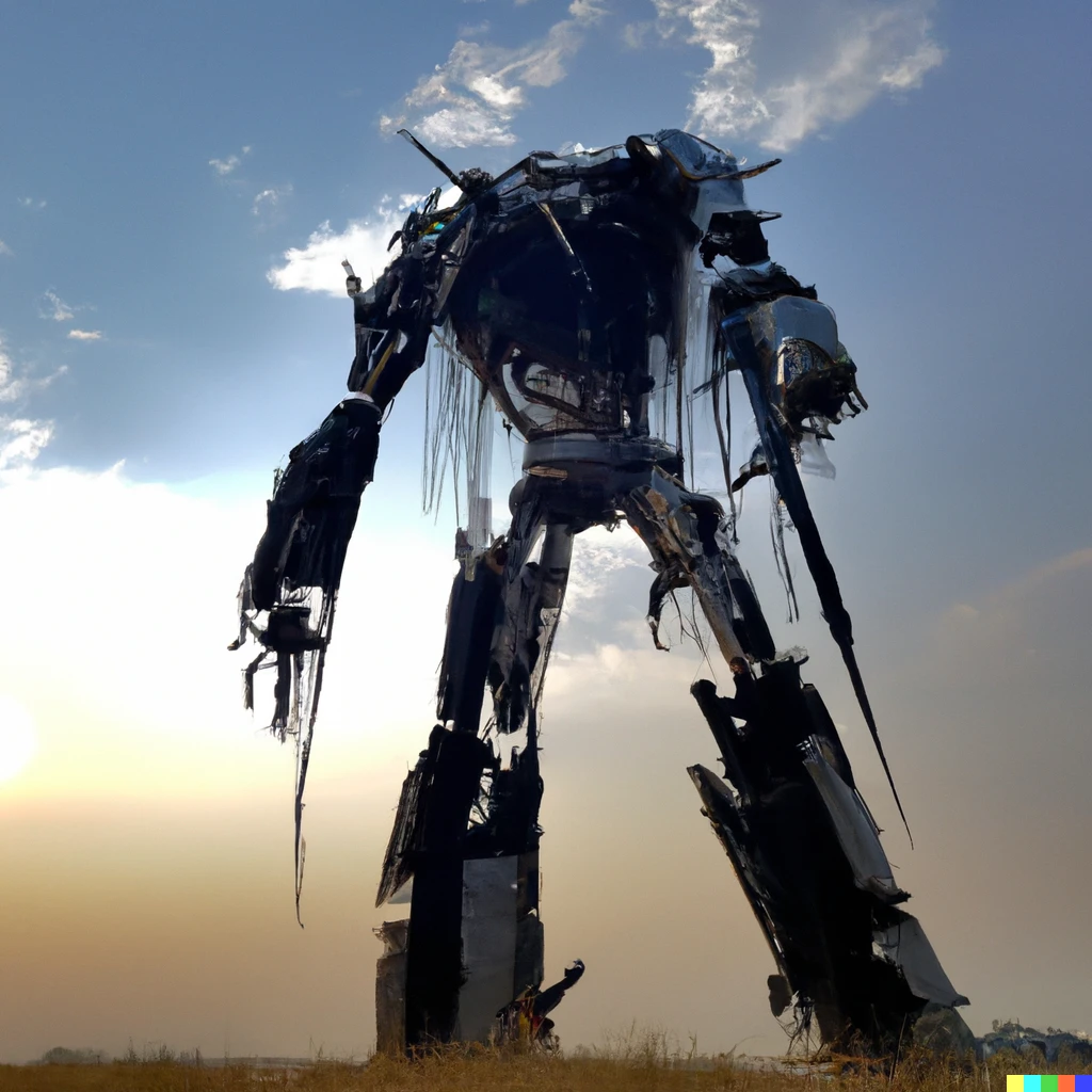 Prompt: A 30-meter tall robot like the one Cyberdyne built, towering over a burnt-out field, its entire body glowing with very complex mechanisms.