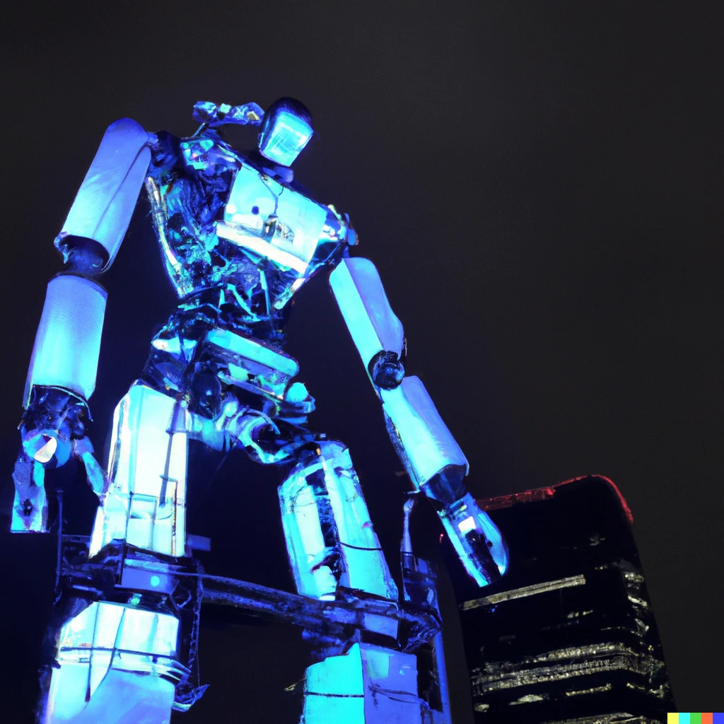 Prompt: A robot towering in Tokyo with a very complicated mechanism, its whole body glowing and shining and about 30 meters high.