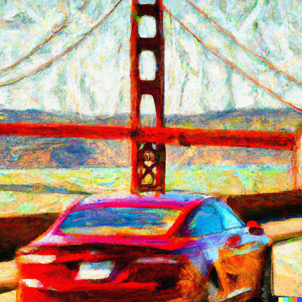 Prompt: An abstract impressionist painting of a Tesla model three driving across the Golden Gate Bridge 