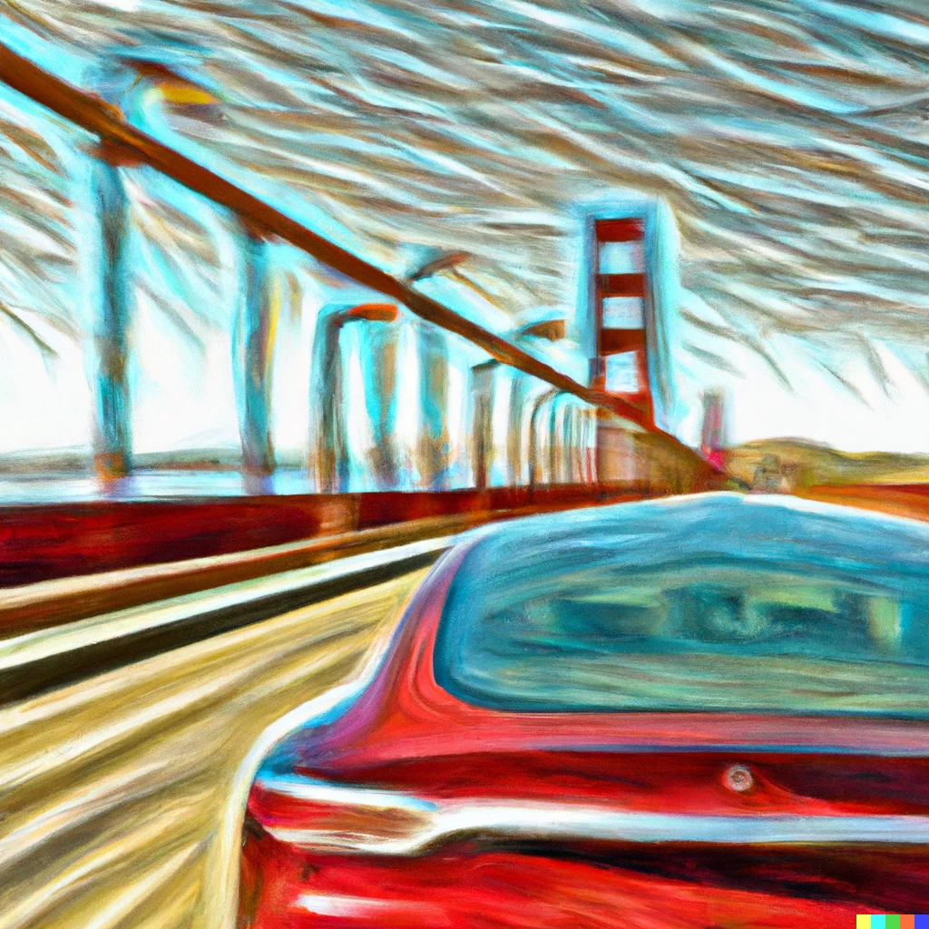 Prompt: An abstract impressionist painting of a Tesla Model 3 driving across the Golden Gate Bridge 