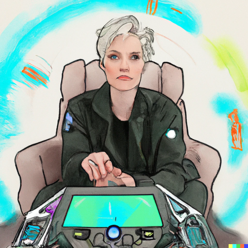 Prompt: a portrait of jane lynch as a futuristic pilot sitting in a captain's chair using an augmented reality interface for flying a space ship as a watercolor