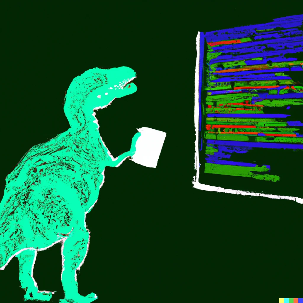 Prompt: A dinosaur programming abstract art