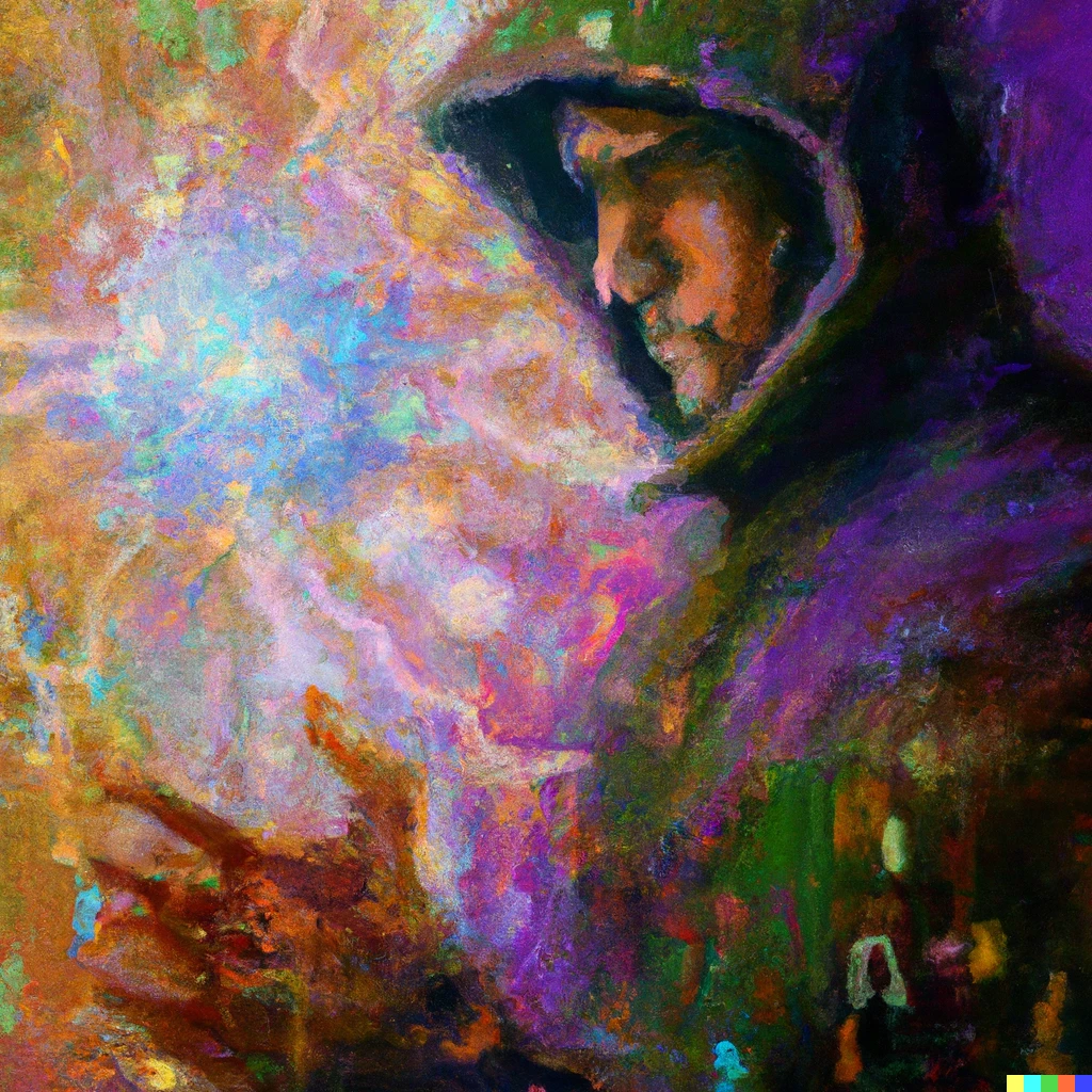 Prompt: An expressive oil painting of a hacker, hacking a nebula explosion